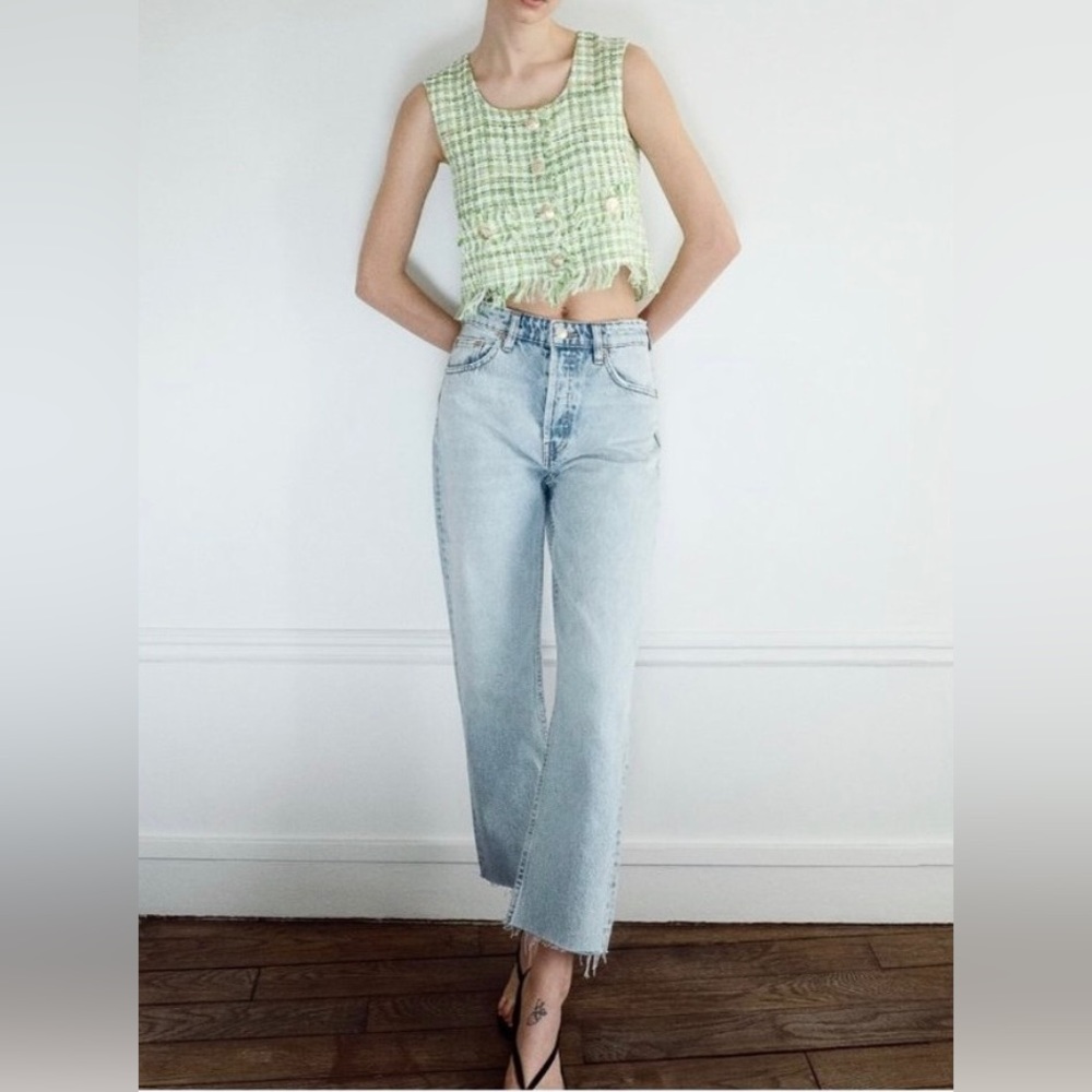 ZARA Sz M Green /White Cotton Tweed Vest Crop Top with Gold Tone Buttons